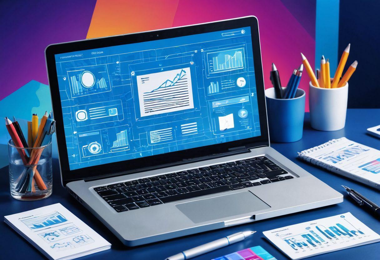 A dynamic blueprint layout featuring a laptop displaying engaging content, surrounded by tools like a pen, note pad, and digital devices, symbolizing creativity. Incorporate vibrant colors and abstract elements to represent ideas in motion. Include icons of analytics and engagement to emphasize success. artistic illustration. vibrant colors. modern design.