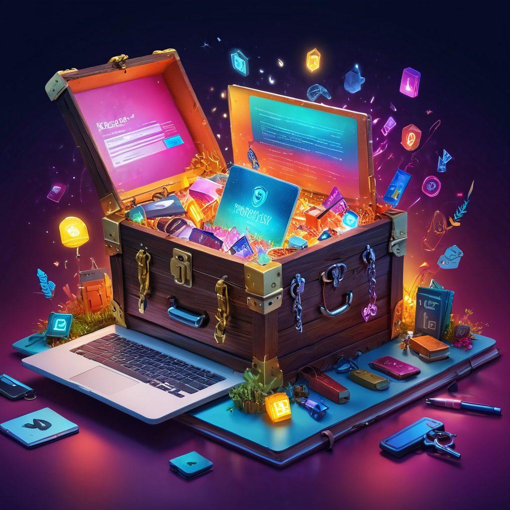 A mysterious key unlocking a glowing treasure chest filled with vibrant, colorful blogging tools like laptops, pens, and notebooks, surrounded by a digital landscape representing the TGP community. Include diverse characters collaborating and sharing ideas, with floating icons of social media and engagement. The overall atmosphere conveys excitement and discovery. super-realistic. vibrant colors. 3D.