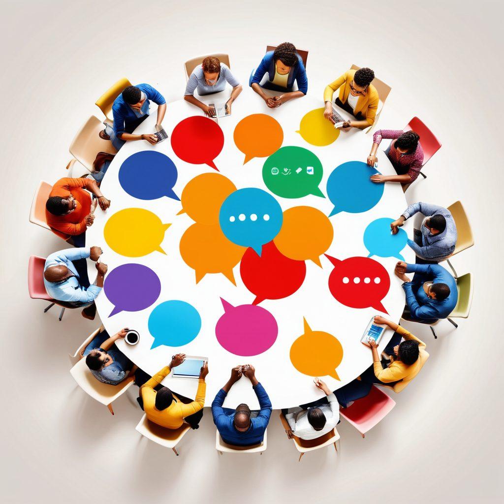 A vibrant digital collage depicting diverse bloggers engaged in discussions around a round table, with a backdrop of colorful blog interfaces and social media icons. Include elements like speech bubbles, heart icons, and connecting lines to symbolize networking and community. The scene should be warm and inviting, showcasing unity in diversity. super-realistic. vibrant colors. white background.